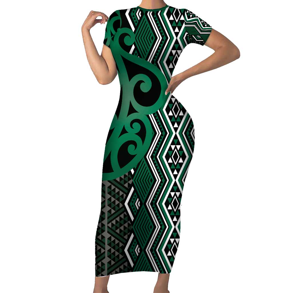 Maori Taniko Patterns Short Sleeve Bodycon Dress Pounamu Patiki Motifs Mix Whakairo Ngaru