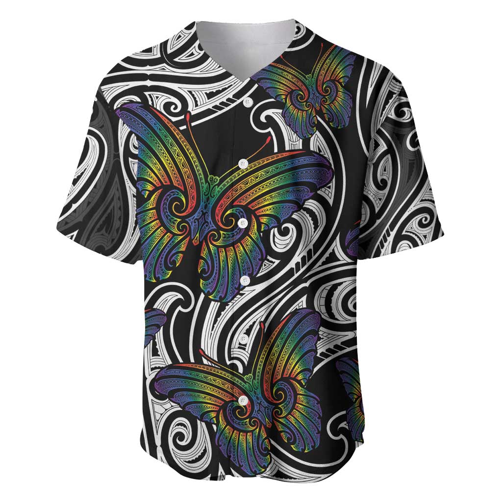 Aotearoa Takatapui Pride Baseball Jersey Rainbow Butterfly - Free To Love LT7 Black - Polynesian Pride