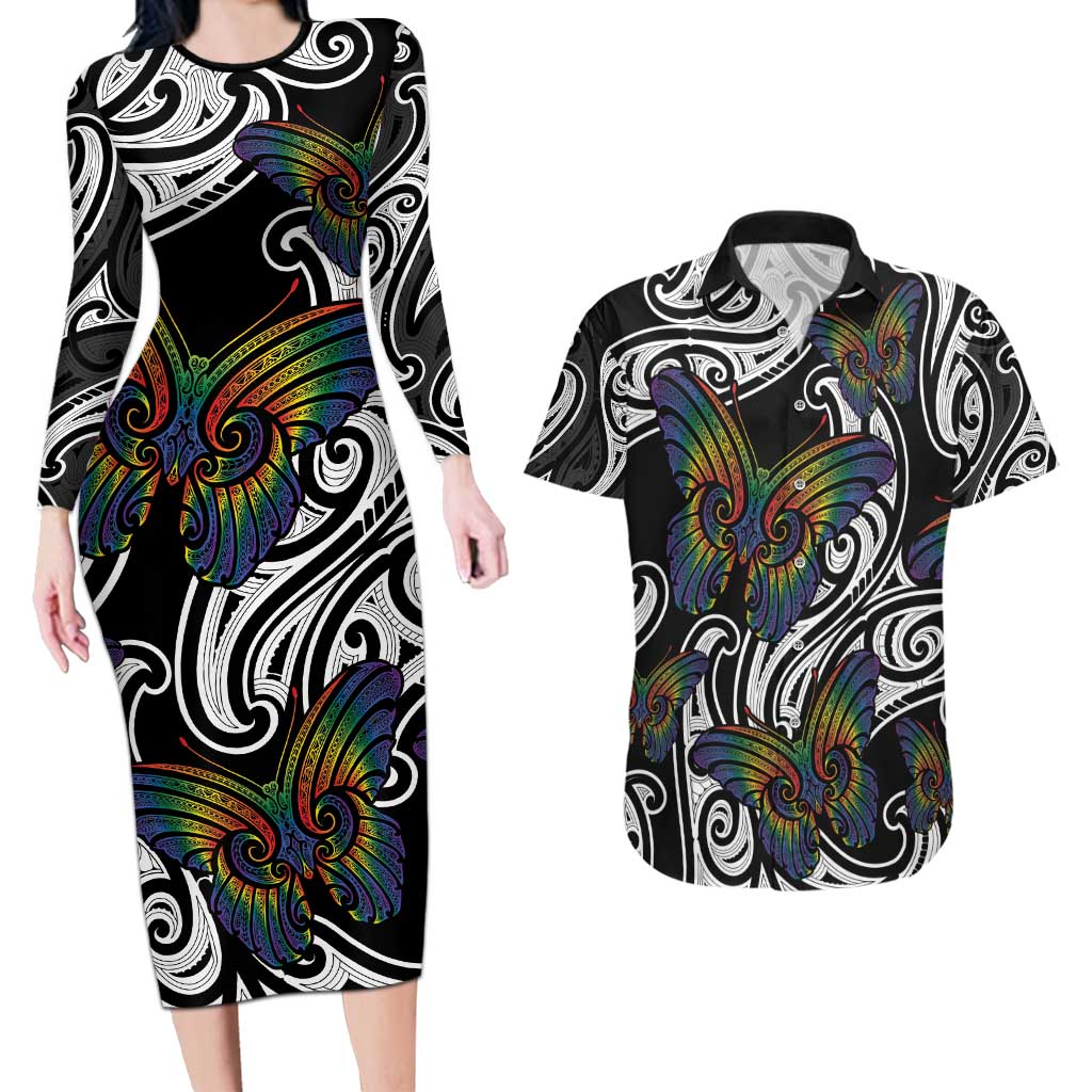 Aotearoa Takatapui Pride Couples Matching Long Sleeve Bodycon Dress and Hawaiian Shirt Rainbow Butterfly - Free To Love