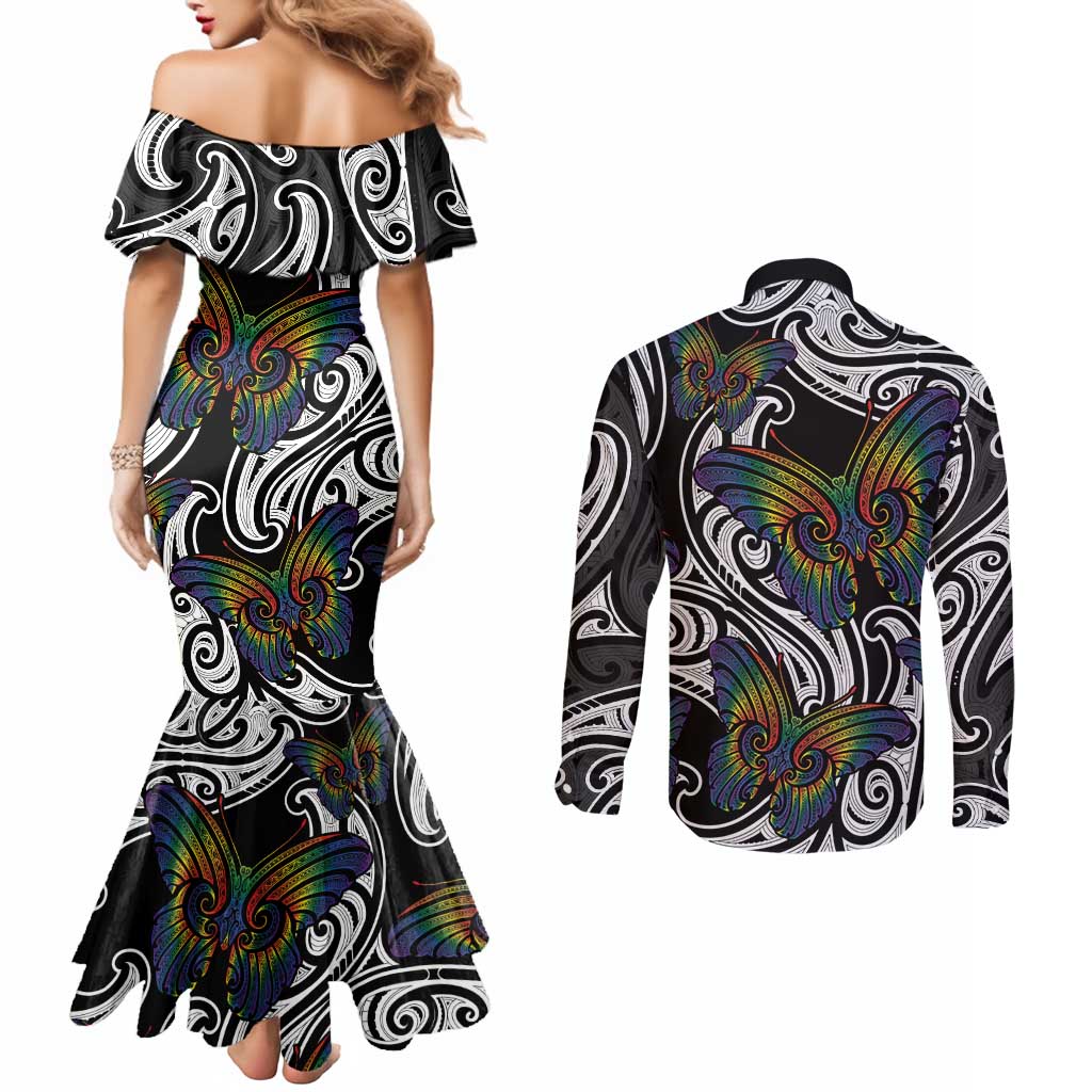 Aotearoa Takatapui Pride Couples Matching Mermaid Dress and Long Sleeve Button Shirt Rainbow Butterfly - Free To Love