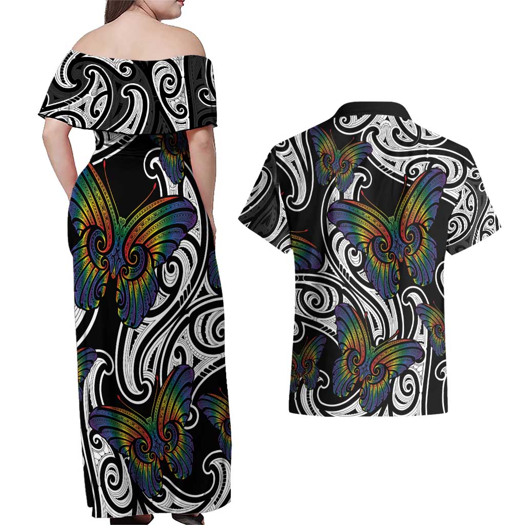 Aotearoa Takatapui Pride Couples Matching Off Shoulder Maxi Dress and Hawaiian Shirt Rainbow Butterfly - Free To Love