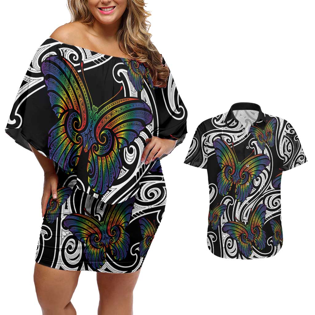 Aotearoa Takatapui Pride Couples Matching Off Shoulder Short Dress and Hawaiian Shirt Rainbow Butterfly - Free To Love