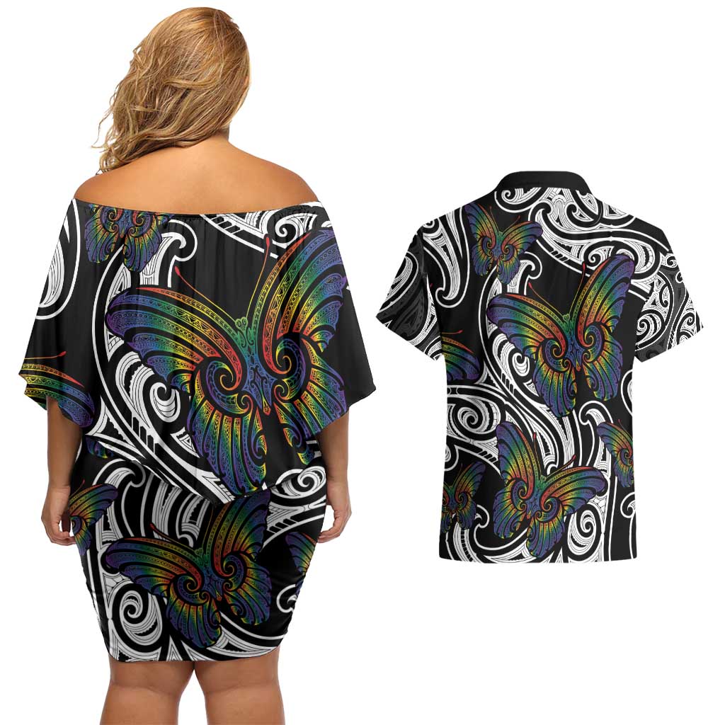 Aotearoa Takatapui Pride Couples Matching Off Shoulder Short Dress and Hawaiian Shirt Rainbow Butterfly - Free To Love