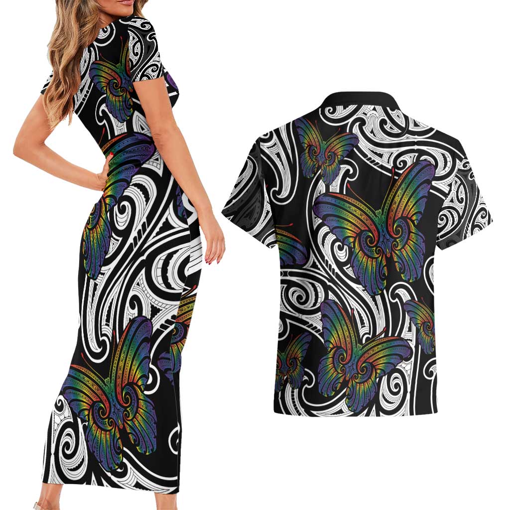 Aotearoa Takatapui Pride Couples Matching Short Sleeve Bodycon Dress and Hawaiian Shirt Rainbow Butterfly - Free To Love