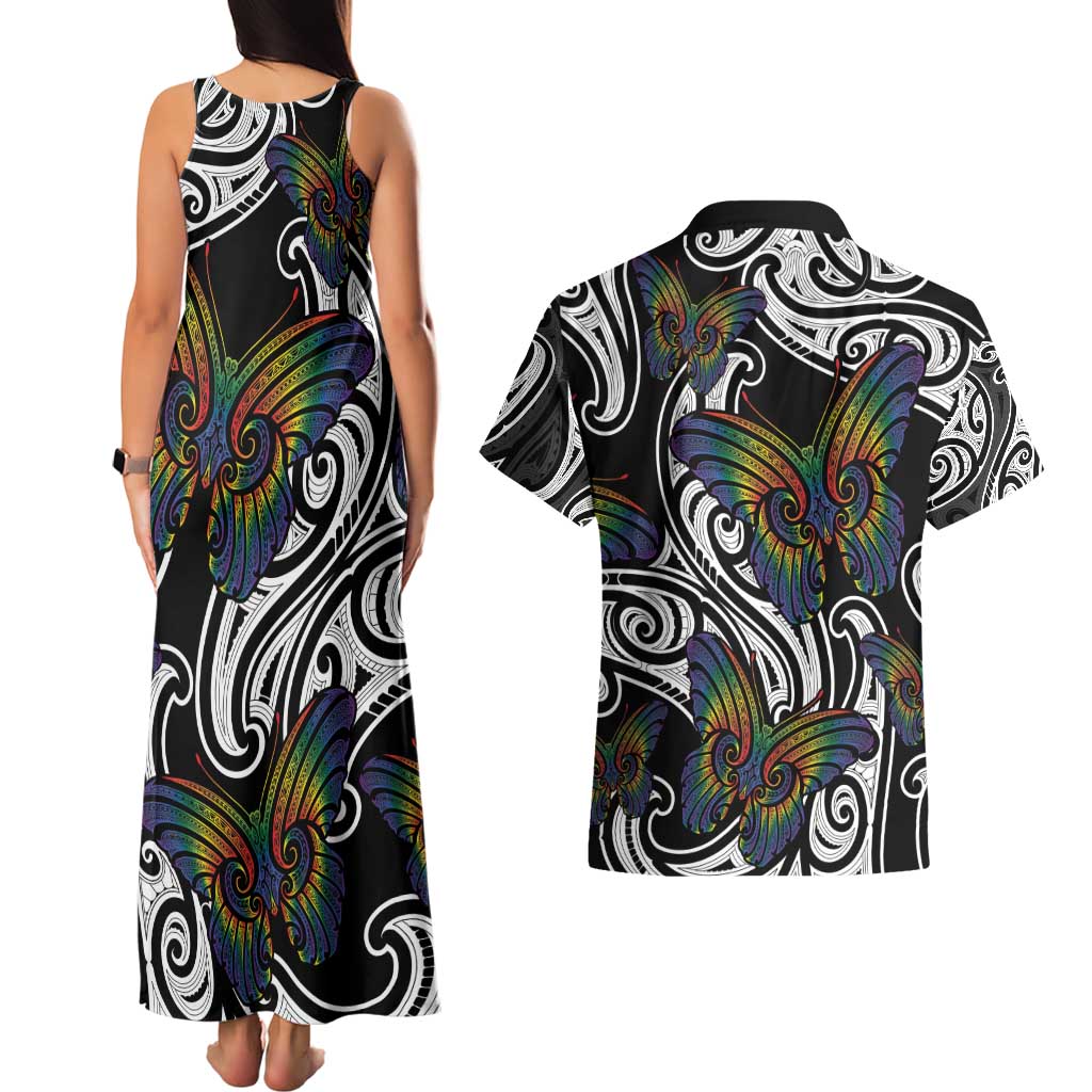 Aotearoa Takatapui Pride Couples Matching Tank Maxi Dress and Hawaiian Shirt Rainbow Butterfly - Free To Love