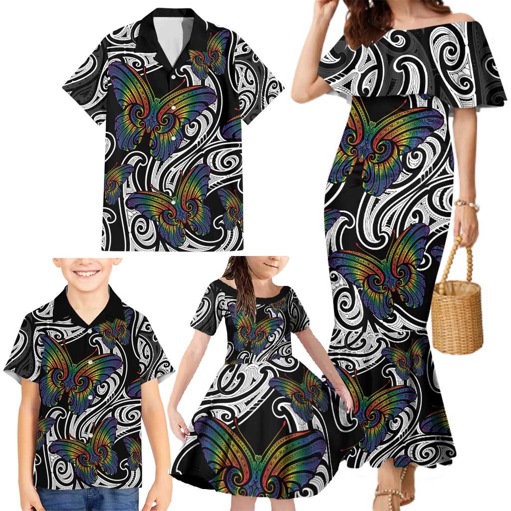 Aotearoa Takatapui Pride Family Matching Mermaid Dress and Hawaiian Shirt Rainbow Butterfly - Free To Love