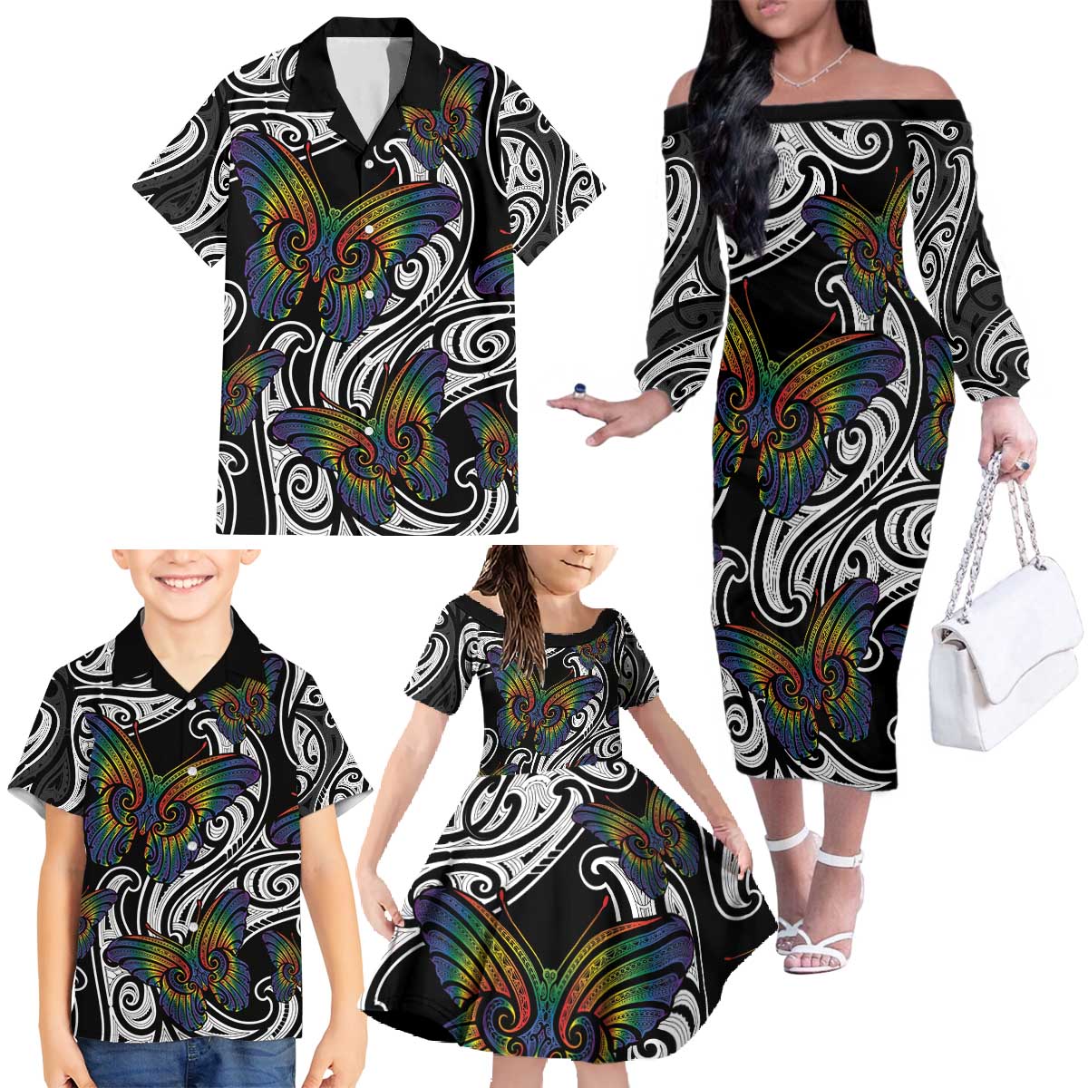 Aotearoa Takatapui Pride Family Matching Off The Shoulder Long Sleeve Dress and Hawaiian Shirt Rainbow Butterfly - Free To Love