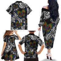 Aotearoa Takatapui Pride Family Matching Off The Shoulder Long Sleeve Dress and Hawaiian Shirt Rainbow Butterfly - Free To Love