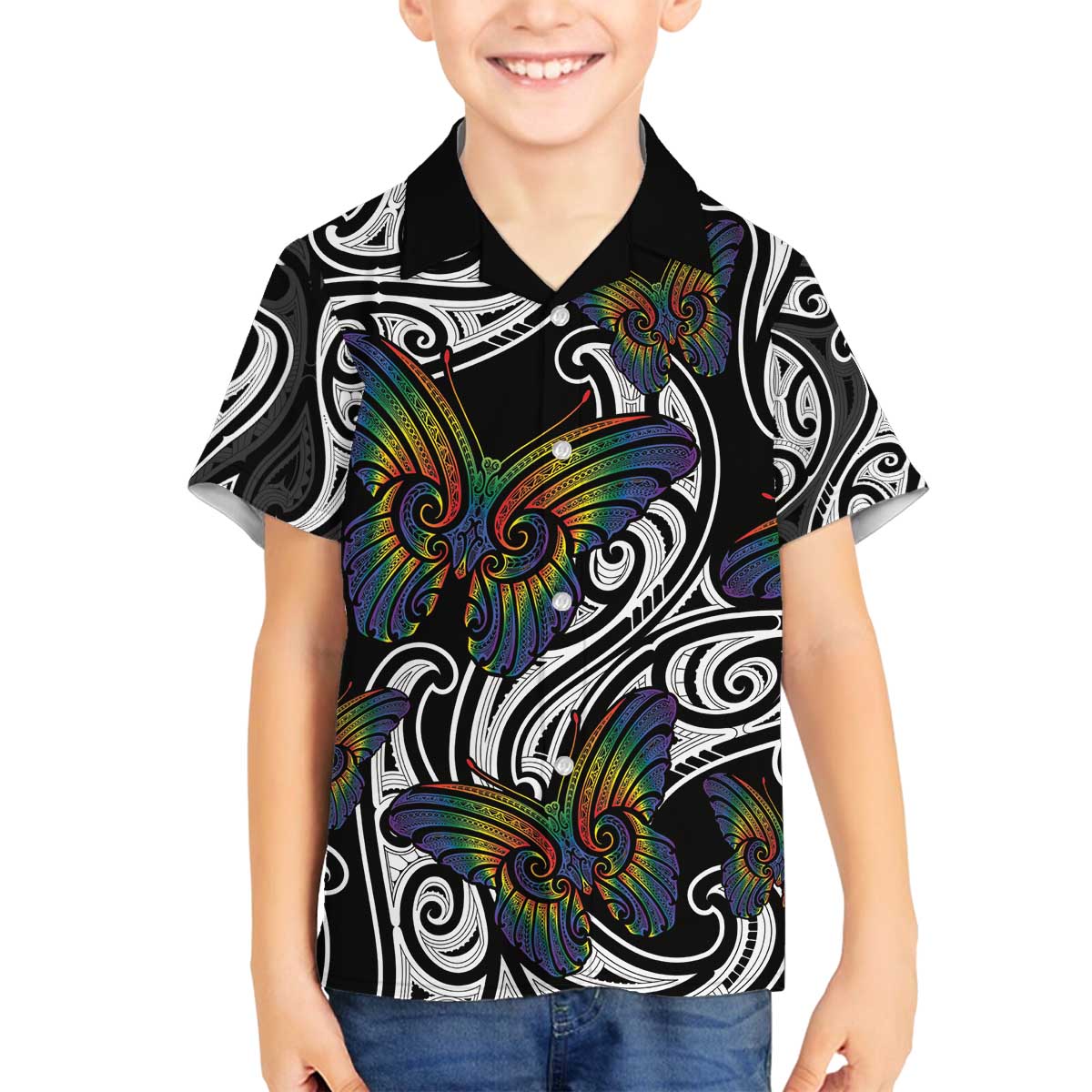 Aotearoa Takatapui Pride Family Matching Off The Shoulder Long Sleeve Dress and Hawaiian Shirt Rainbow Butterfly - Free To Love