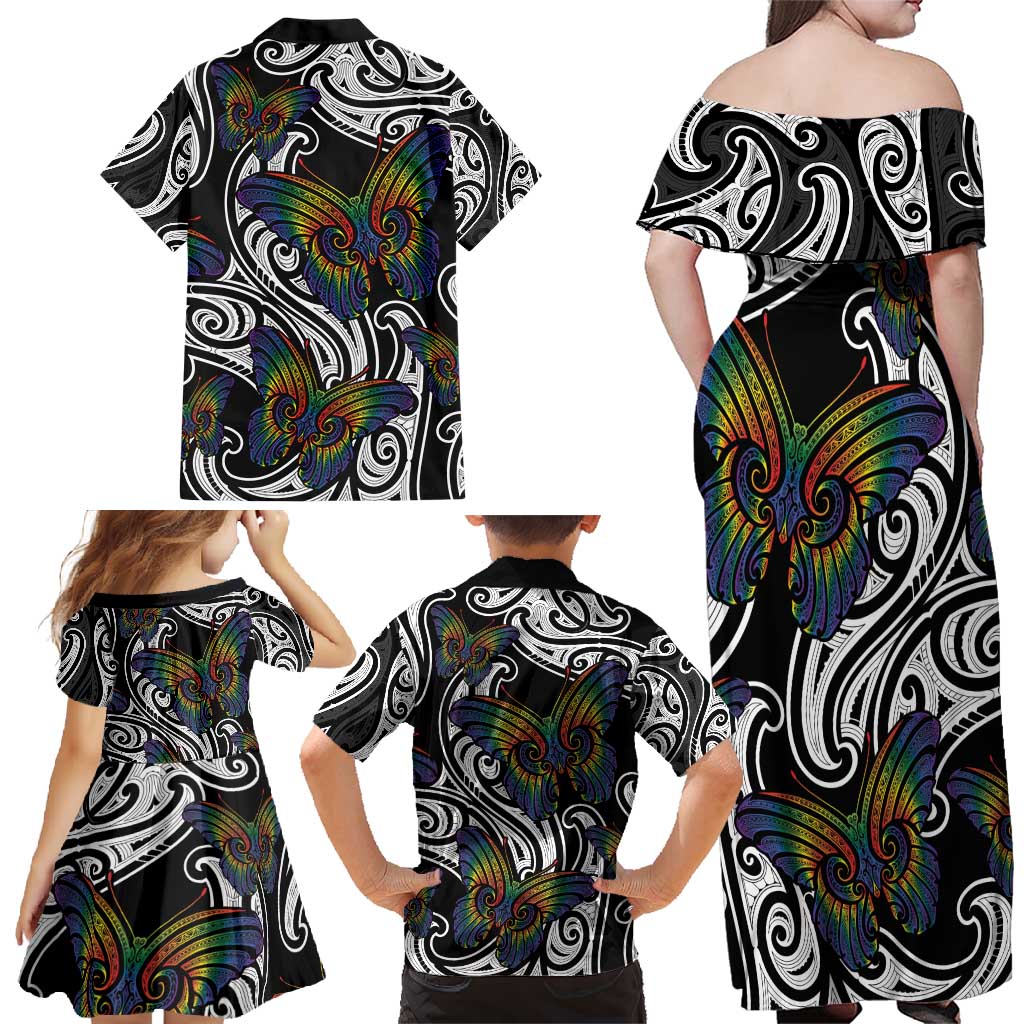 Aotearoa Takatapui Pride Family Matching Off Shoulder Maxi Dress and Hawaiian Shirt Rainbow Butterfly - Free To Love