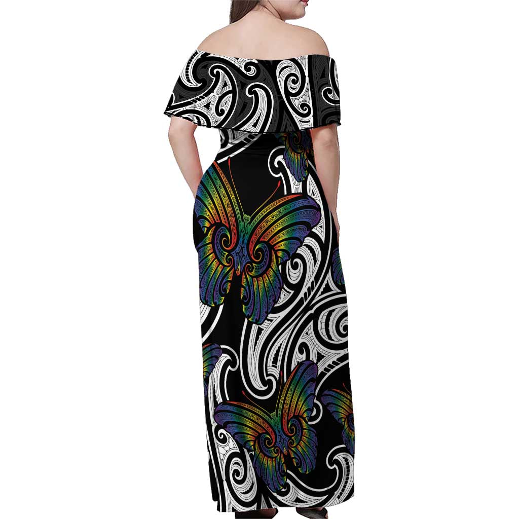 Aotearoa Takatapui Pride Family Matching Off Shoulder Maxi Dress and Hawaiian Shirt Rainbow Butterfly - Free To Love
