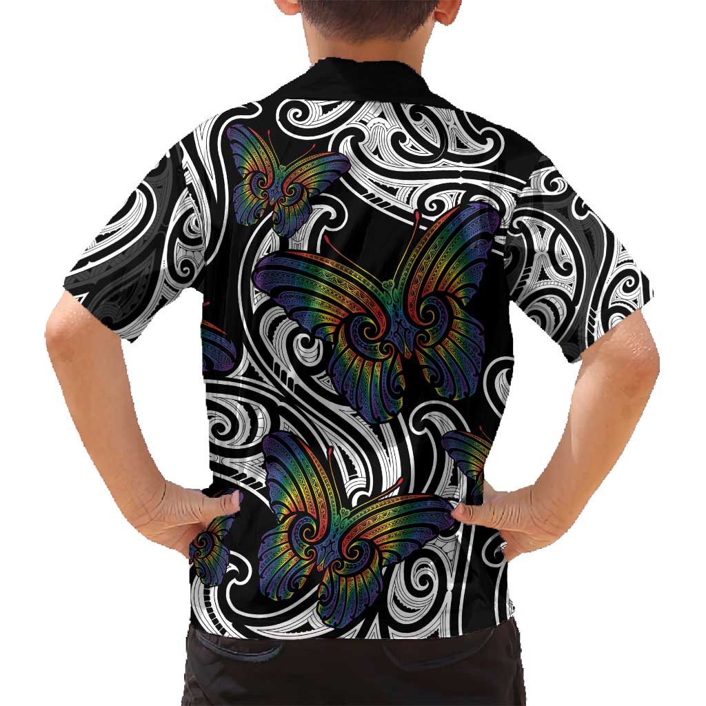 Aotearoa Takatapui Pride Family Matching Off Shoulder Short Dress and Hawaiian Shirt Rainbow Butterfly - Free To Love