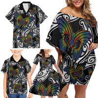 Aotearoa Takatapui Pride Family Matching Off Shoulder Short Dress and Hawaiian Shirt Rainbow Butterfly - Free To Love