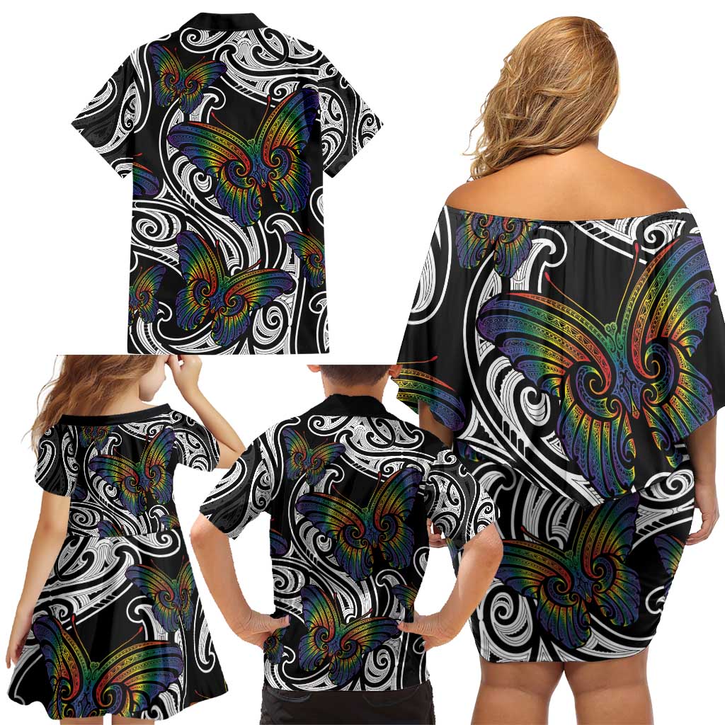 Aotearoa Takatapui Pride Family Matching Off Shoulder Short Dress and Hawaiian Shirt Rainbow Butterfly - Free To Love