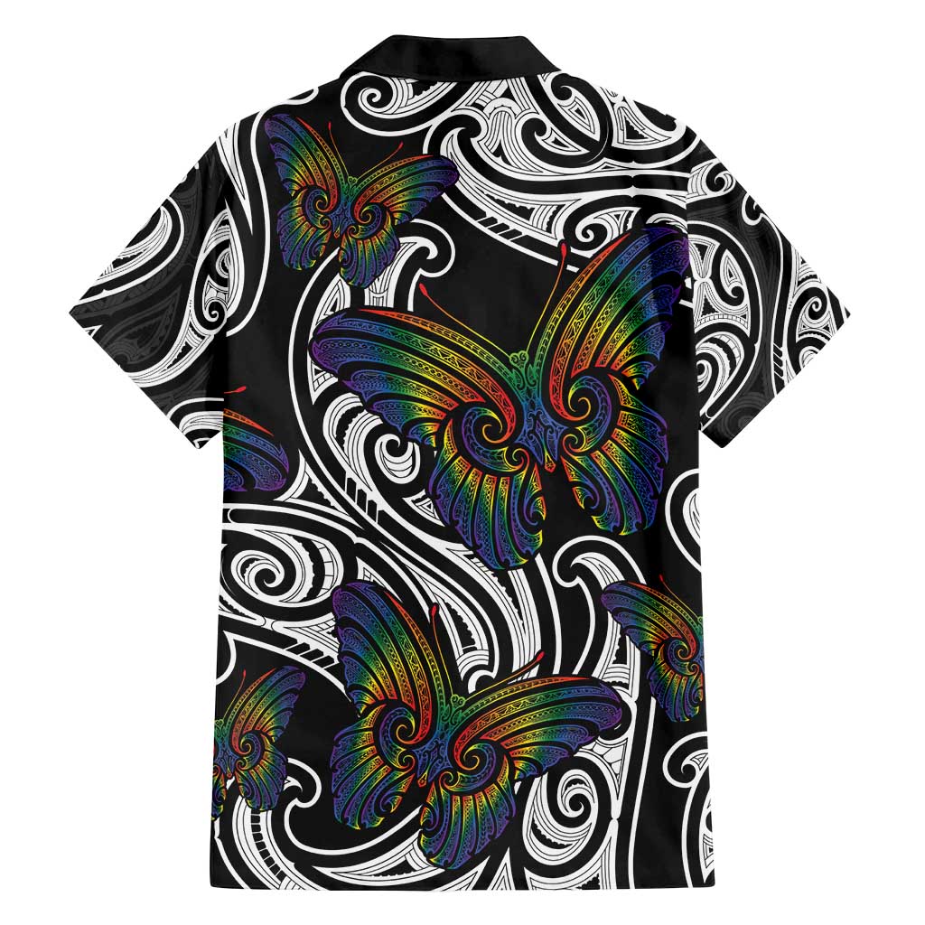 Aotearoa Takatapui Pride Family Matching Off Shoulder Short Dress and Hawaiian Shirt Rainbow Butterfly - Free To Love
