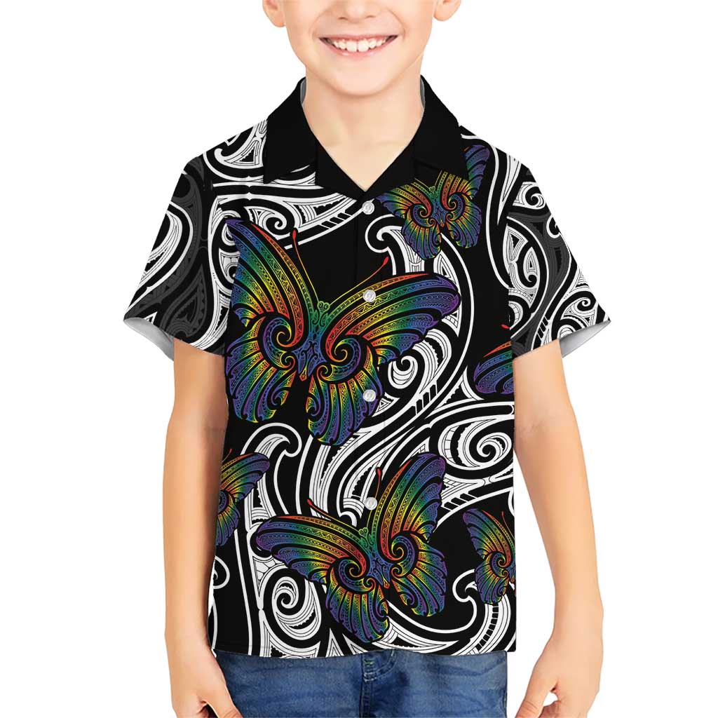 Aotearoa Takatapui Pride Family Matching Short Sleeve Bodycon Dress and Hawaiian Shirt Rainbow Butterfly - Free To Love