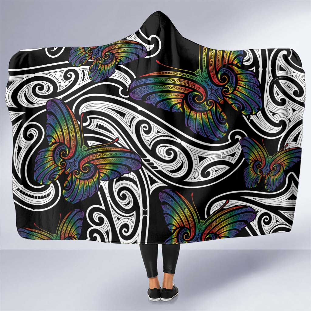 Aotearoa Takatapui Pride Hooded Blanket Rainbow Butterfly - Free To Love LT7 One Size Black - Polynesian Pride
