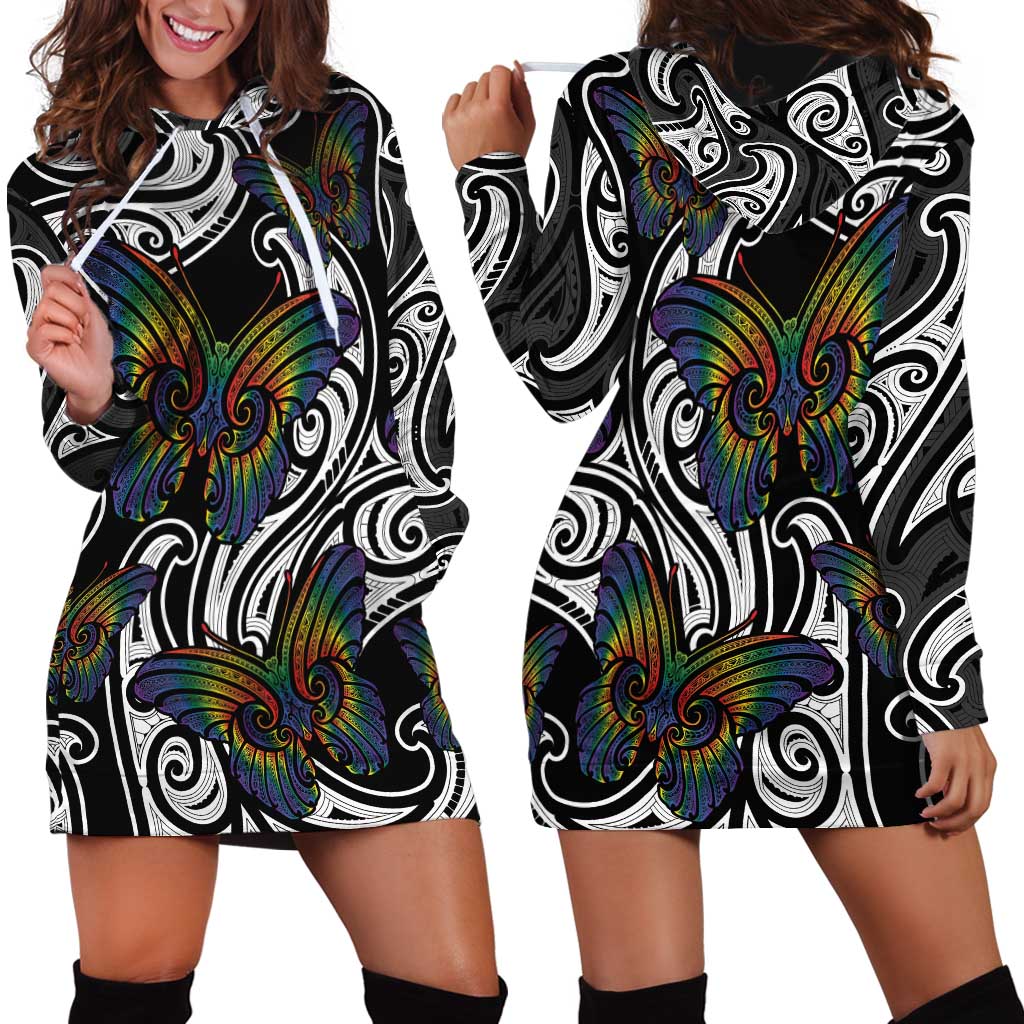 Aotearoa Takatapui Pride Hoodie Dress Rainbow Butterfly - Free To Love