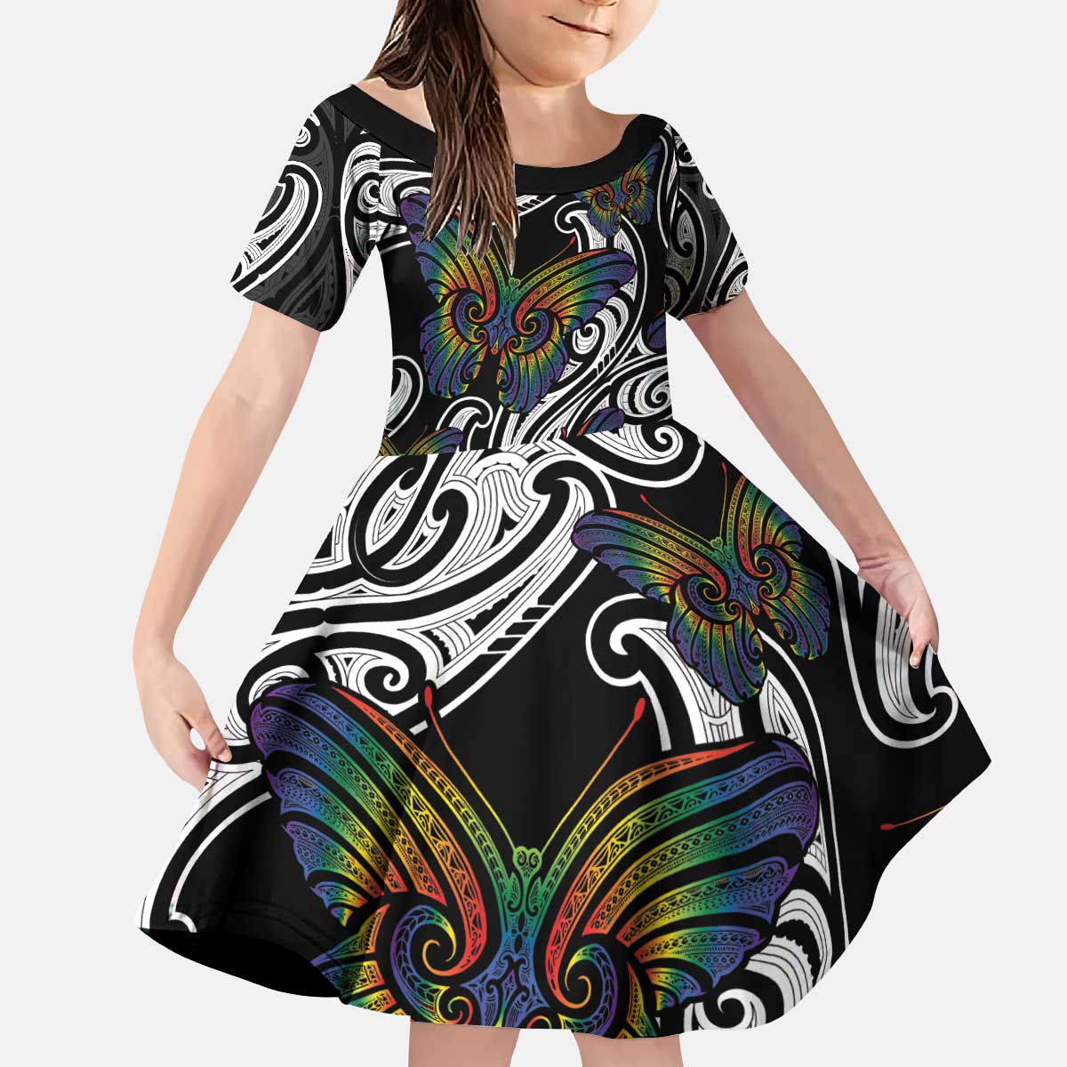 Aotearoa Takatapui Pride Kid Short Sleeve Dress Rainbow Butterfly - Free To Love LT7 KID Black - Polynesian Pride