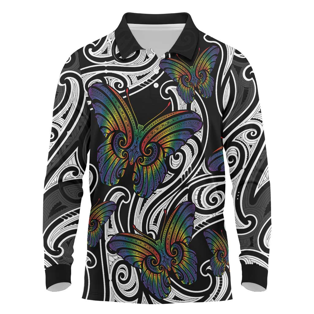 Aotearoa Takatapui Pride Long Sleeve Polo Shirt Rainbow Butterfly - Free To Love LT7 Black - Polynesian Pride