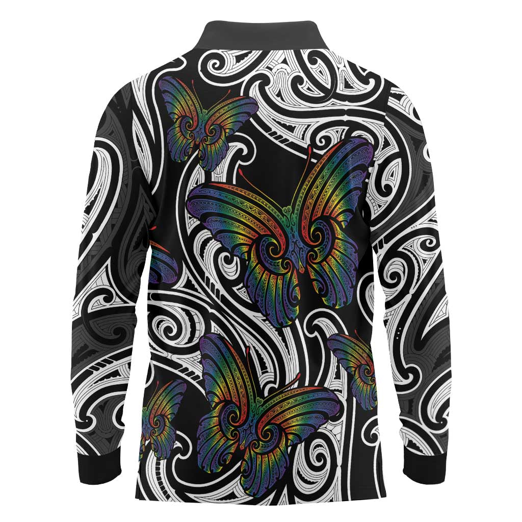 Aotearoa Takatapui Pride Long Sleeve Polo Shirt Rainbow Butterfly - Free To Love LT7 - Polynesian Pride