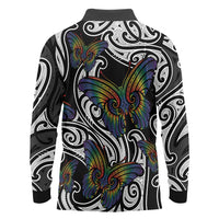 Aotearoa Takatapui Pride Long Sleeve Polo Shirt Rainbow Butterfly - Free To Love LT7 - Polynesian Pride