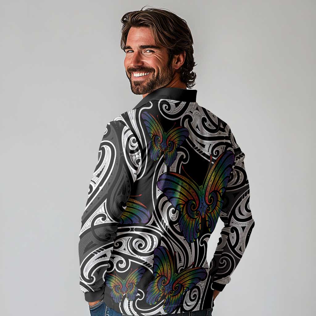 Aotearoa Takatapui Pride Long Sleeve Polo Shirt Rainbow Butterfly - Free To Love LT7 - Polynesian Pride