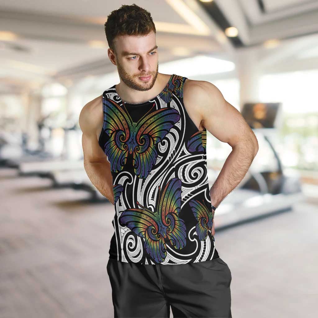 Aotearoa Takatapui Pride Men Tank Top Rainbow Butterfly - Free To Love LT7 Black - Polynesian Pride