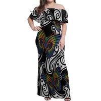 Aotearoa Takatapui Pride Off Shoulder Maxi Dress Rainbow Butterfly - Free To Love LT7 Women Black - Polynesian Pride
