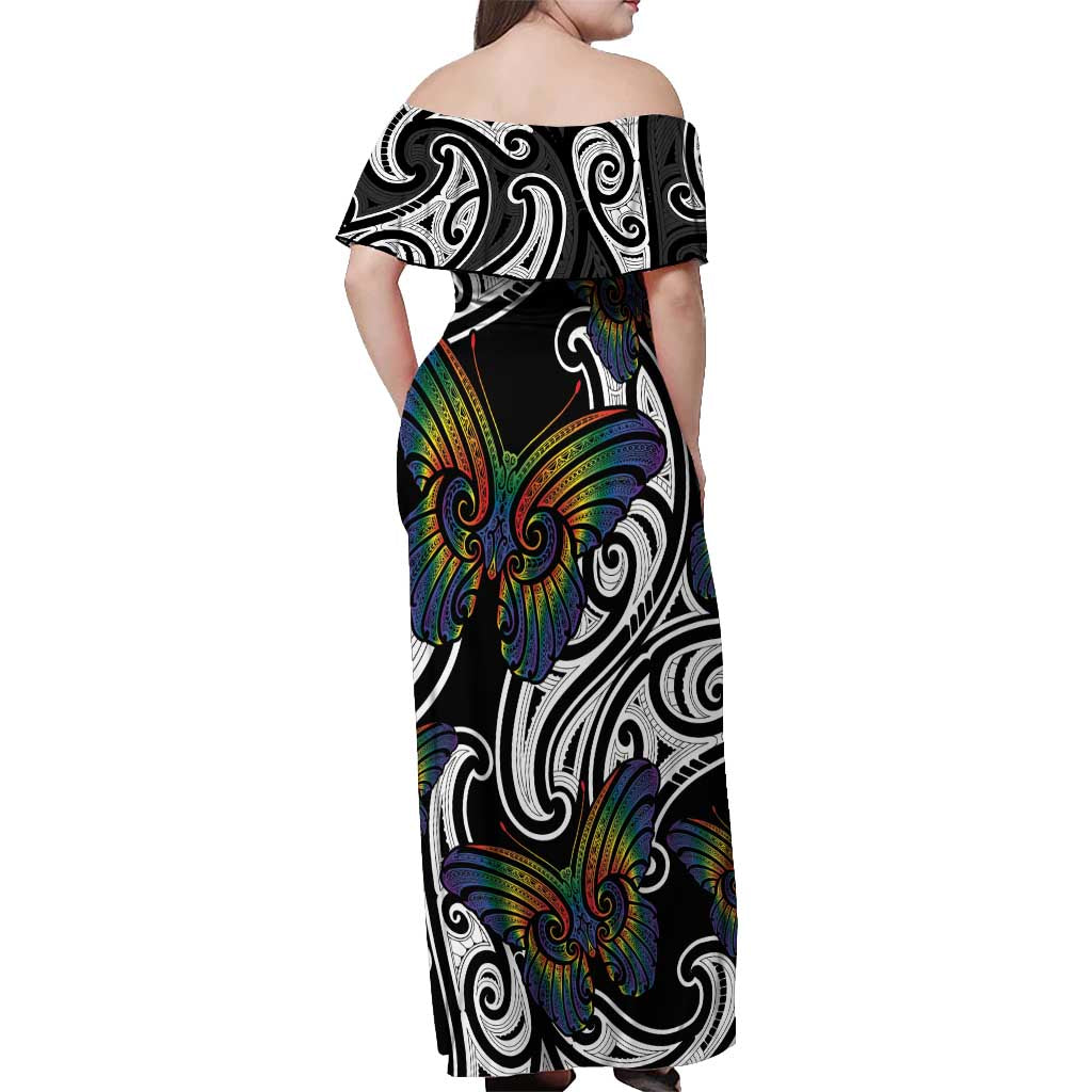 Aotearoa Takatapui Pride Off Shoulder Maxi Dress Rainbow Butterfly - Free To Love LT7 - Polynesian Pride