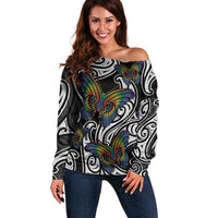 Aotearoa Takatapui Pride Off Shoulder Sweater Rainbow Butterfly - Free To Love