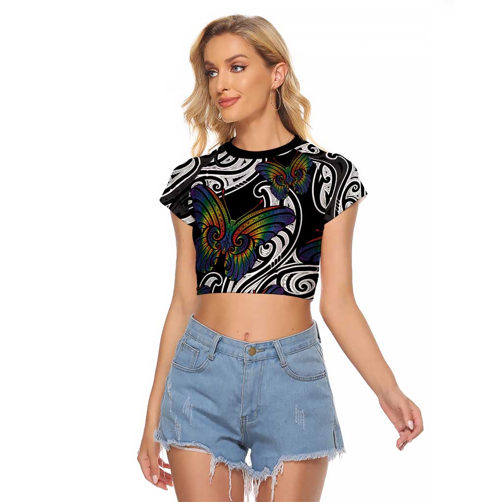 Aotearoa Takatapui Pride Raglan Cropped T Shirt Rainbow Butterfly - Free To Love