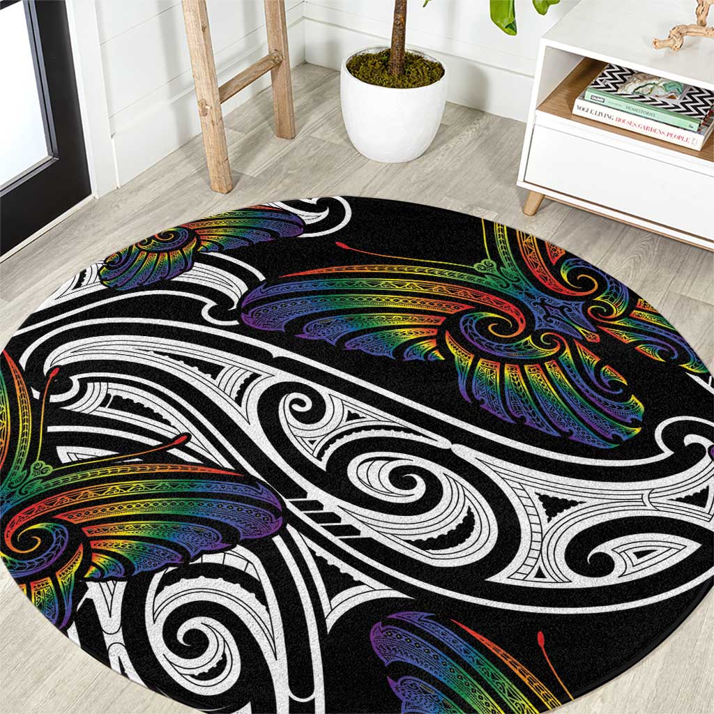 Aotearoa Takatapui Pride Round Carpet Rainbow Butterfly - Free To Love LT7 Black - Polynesian Pride