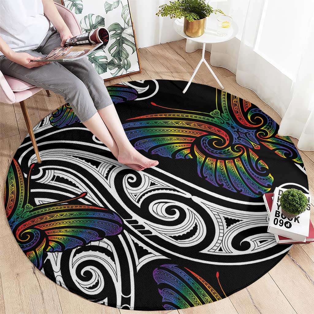Aotearoa Takatapui Pride Round Carpet Rainbow Butterfly - Free To Love LT7 - Polynesian Pride