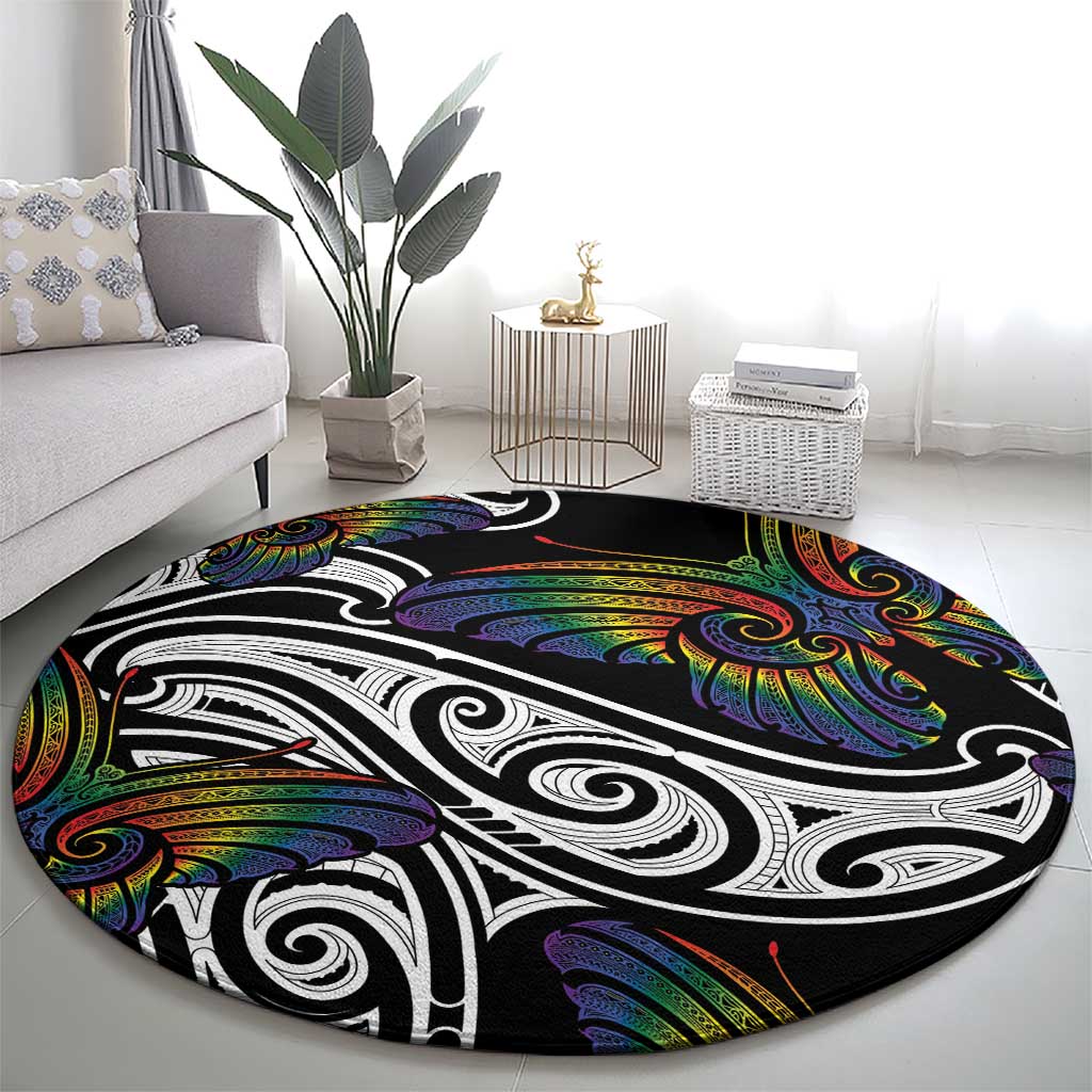 Aotearoa Takatapui Pride Round Carpet Rainbow Butterfly - Free To Love LT7 - Polynesian Pride