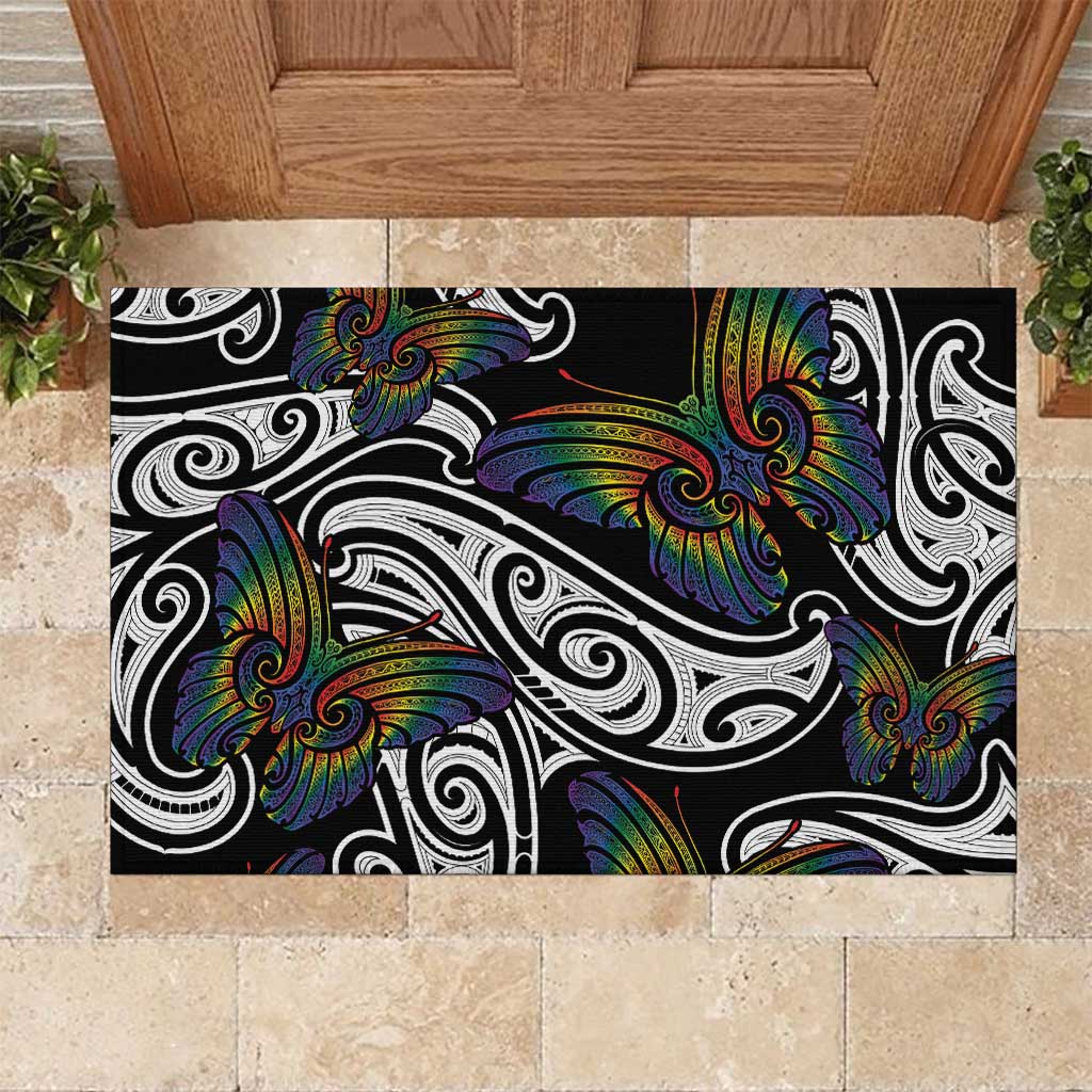 Aotearoa Takatapui Pride Rubber Doormat Rainbow Butterfly - Free To Love LT7 Black - Polynesian Pride