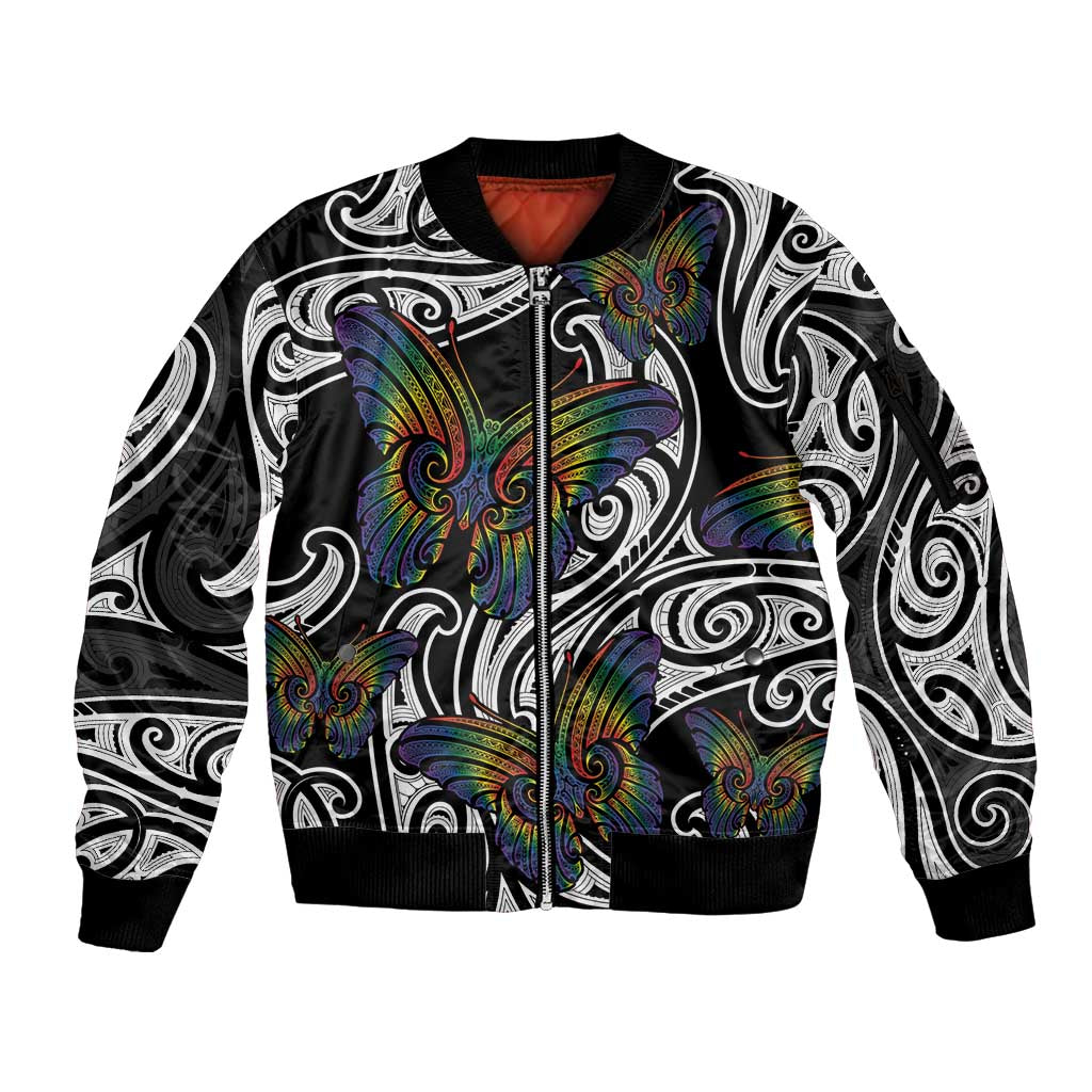 Aotearoa Takatapui Pride Sleeve Zip Bomber Jacket Rainbow Butterfly - Free To Love