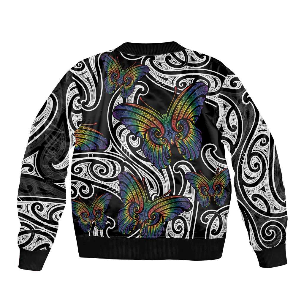 Aotearoa Takatapui Pride Sleeve Zip Bomber Jacket Rainbow Butterfly - Free To Love