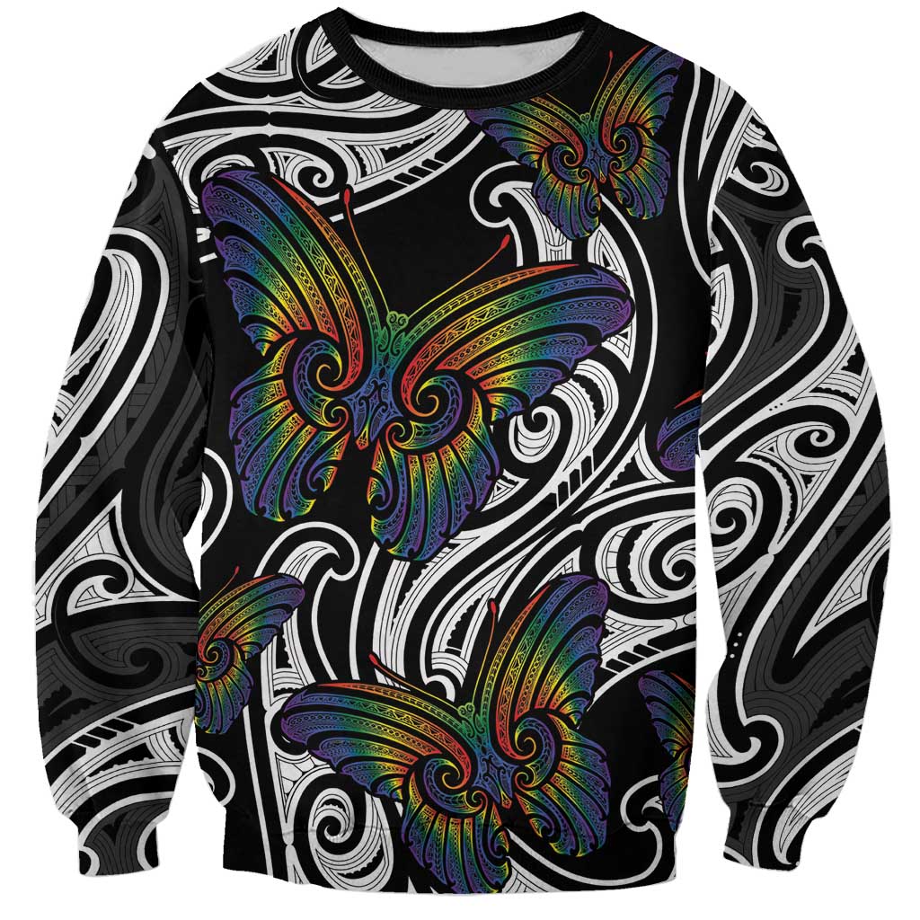 Aotearoa Takatapui Pride Sweatshirt Rainbow Butterfly - Free To Love LT7 Unisex Black - Polynesian Pride