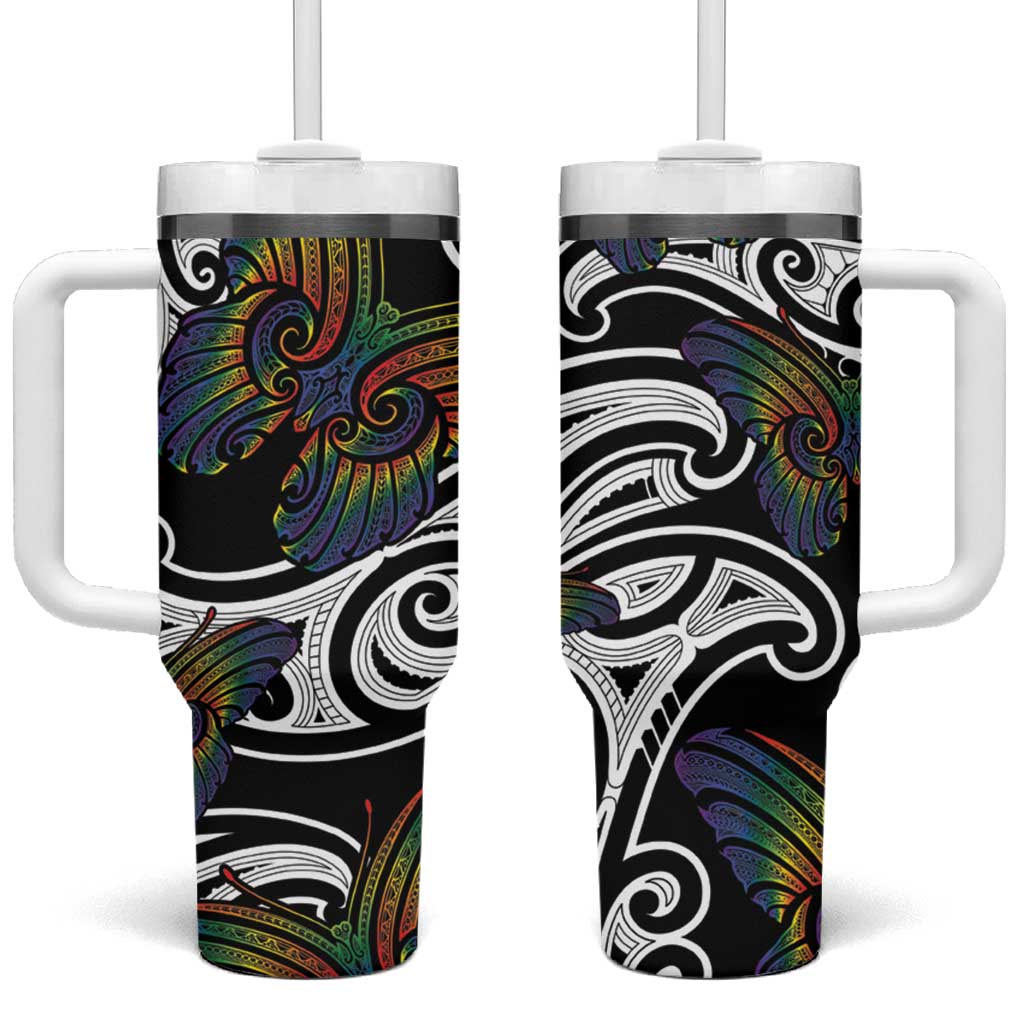 Aotearoa Takatapui Pride Tumbler With Handle Rainbow Butterfly - Free To Love