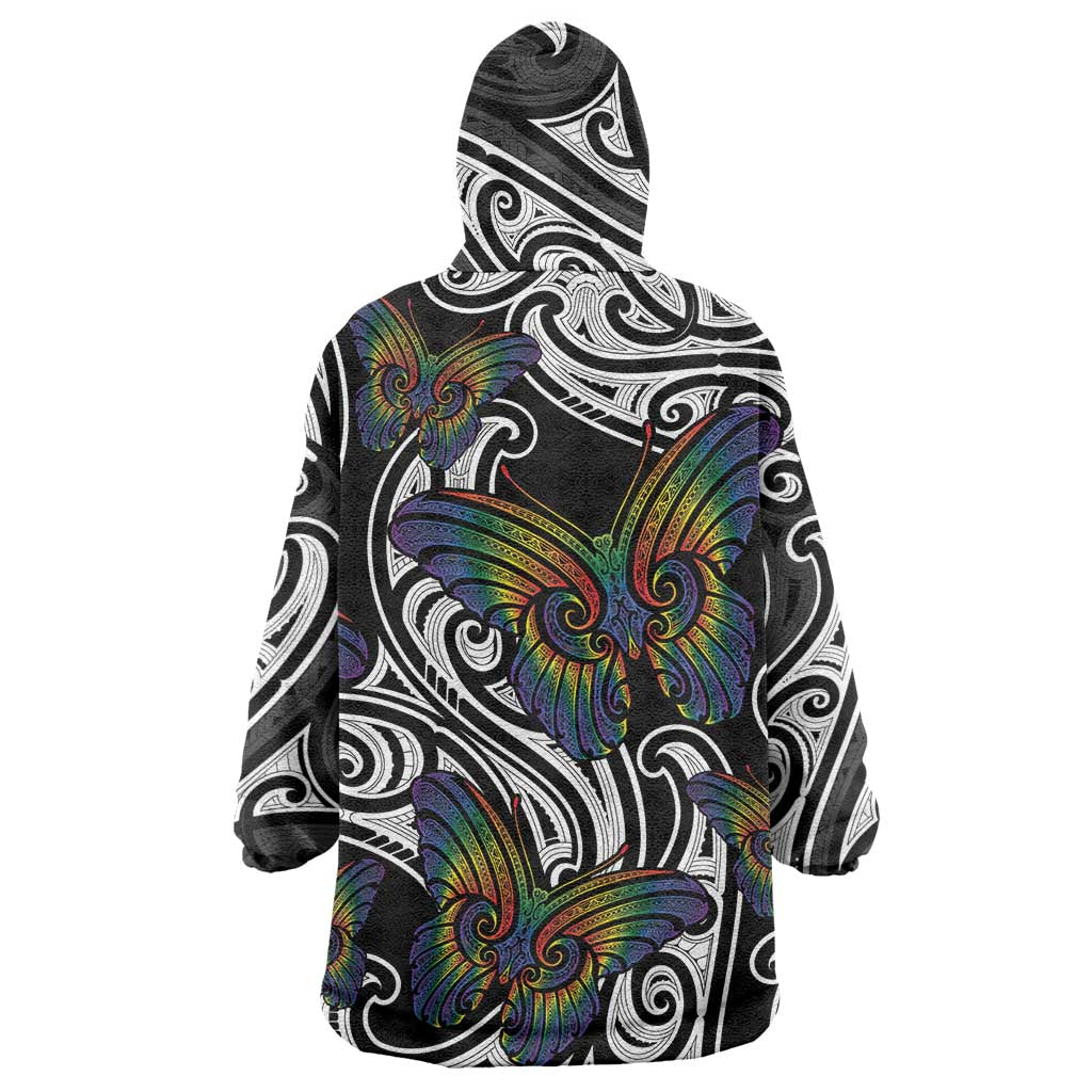 Aotearoa Takatapui Pride Wearable Blanket Hoodie Rainbow Butterfly - Free To Love