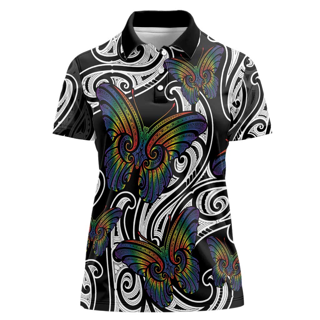 Aotearoa Takatapui Pride Women Polo Shirt Rainbow Butterfly - Free To Love