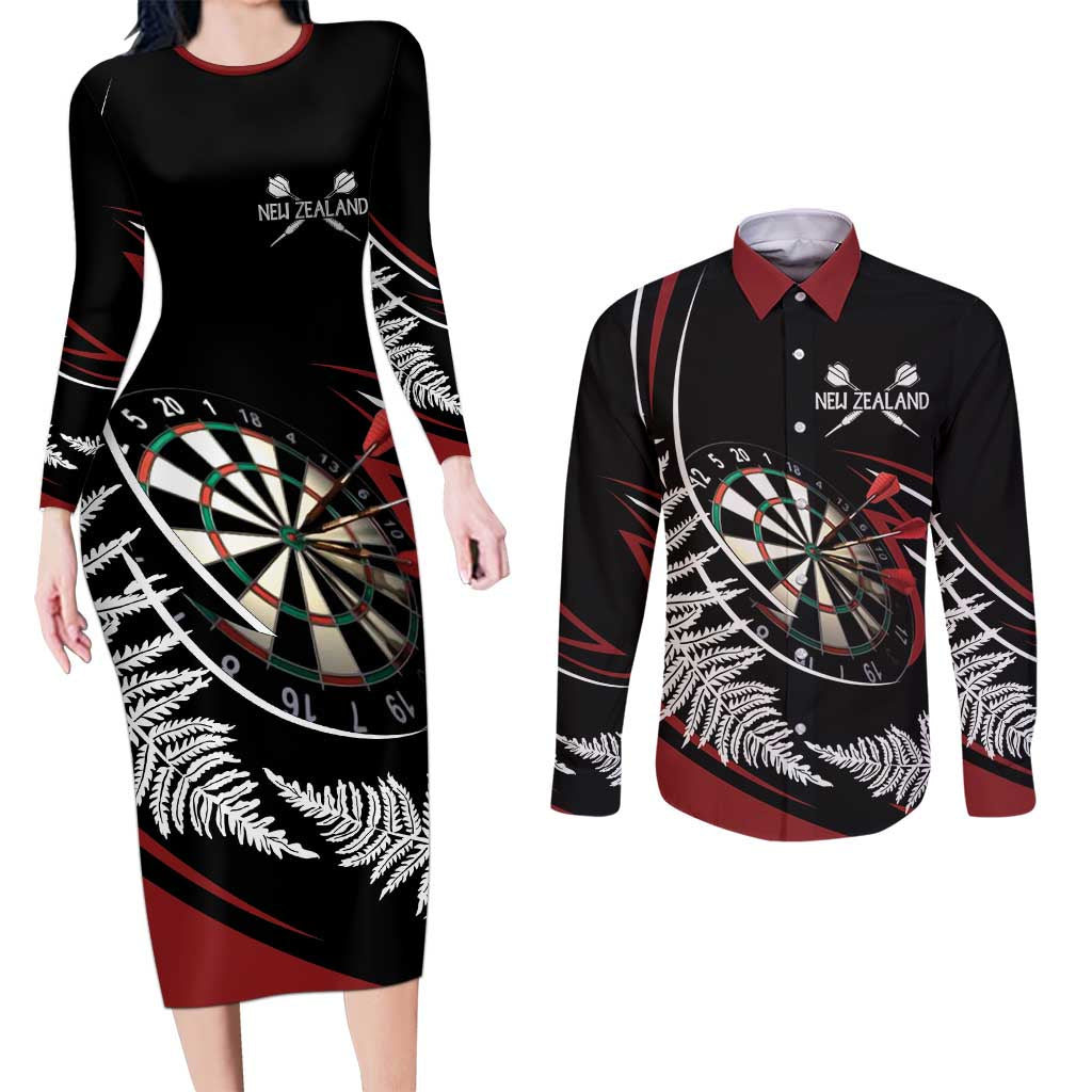 New Zealand Darts Personalised Couples Matching Long Sleeve Bodycon Dress and Long Sleeve Button Shirt Silver Fern Dynamic
