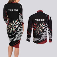 New Zealand Darts Personalised Couples Matching Long Sleeve Bodycon Dress and Long Sleeve Button Shirt Silver Fern Dynamic