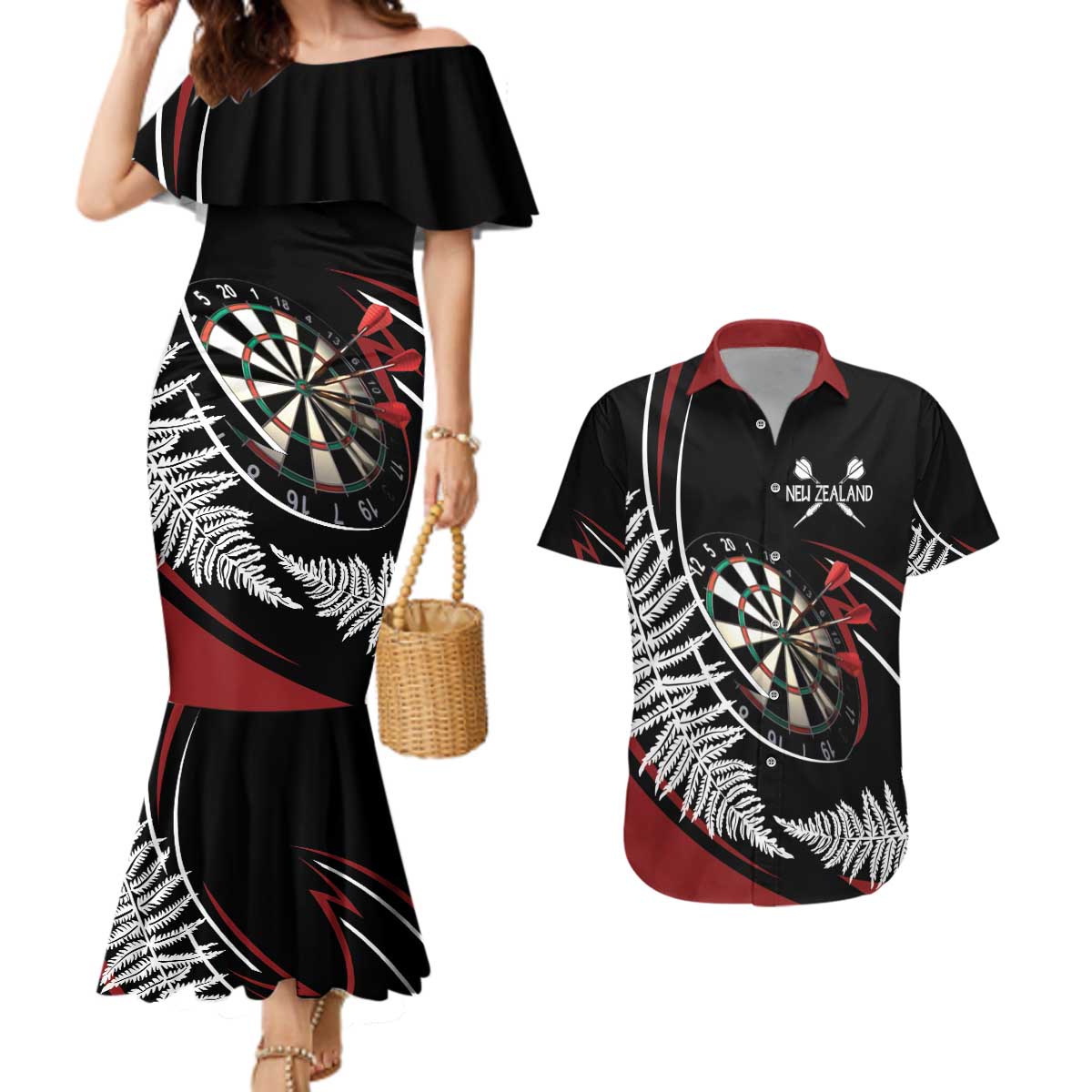New Zealand Darts Personalised Couples Matching Mermaid Dress and Hawaiian Shirt Silver Fern Dynamic