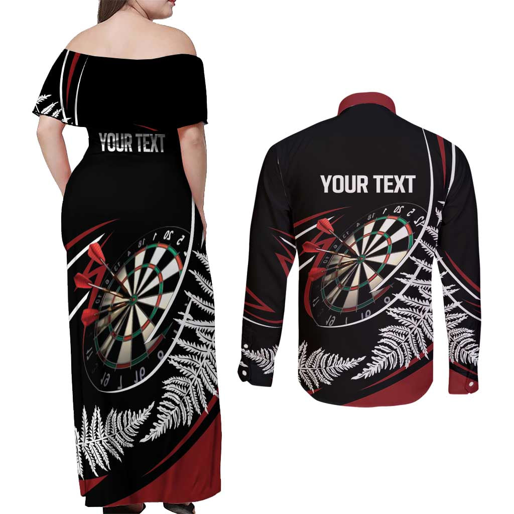 New Zealand Darts Personalised Couples Matching Off Shoulder Maxi Dress and Long Sleeve Button Shirt Silver Fern Dynamic