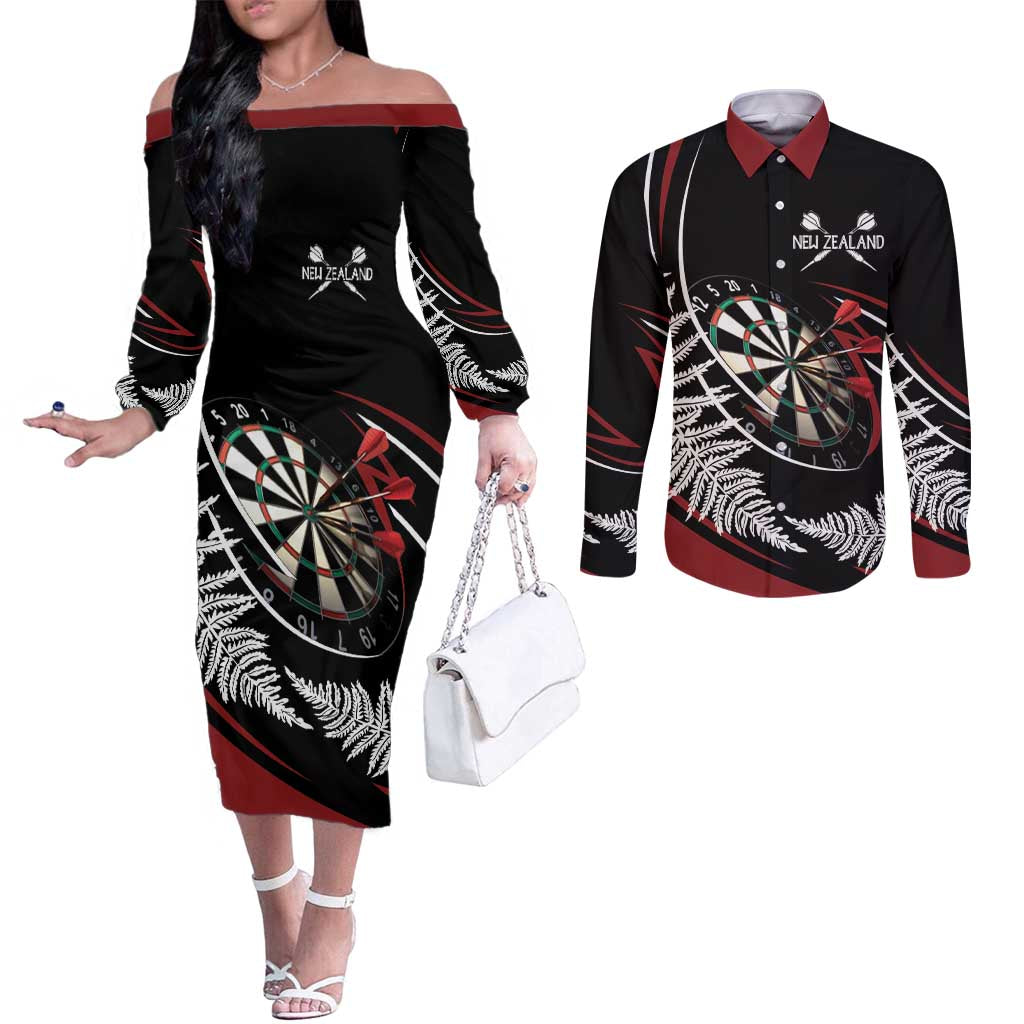 New Zealand Darts Personalised Couples Matching Off The Shoulder Long Sleeve Dress and Long Sleeve Button Shirt Silver Fern Dynamic