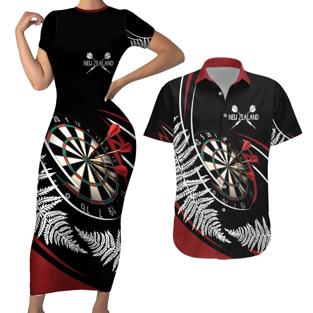 New Zealand Darts Personalised Couples Matching Short Sleeve Bodycon Dress and Hawaiian Shirt Silver Fern Dynamic