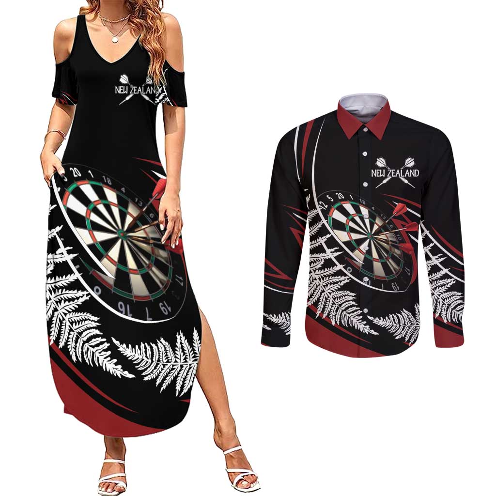 New Zealand Darts Personalised Couples Matching Summer Maxi Dress and Long Sleeve Button Shirt Silver Fern Dynamic