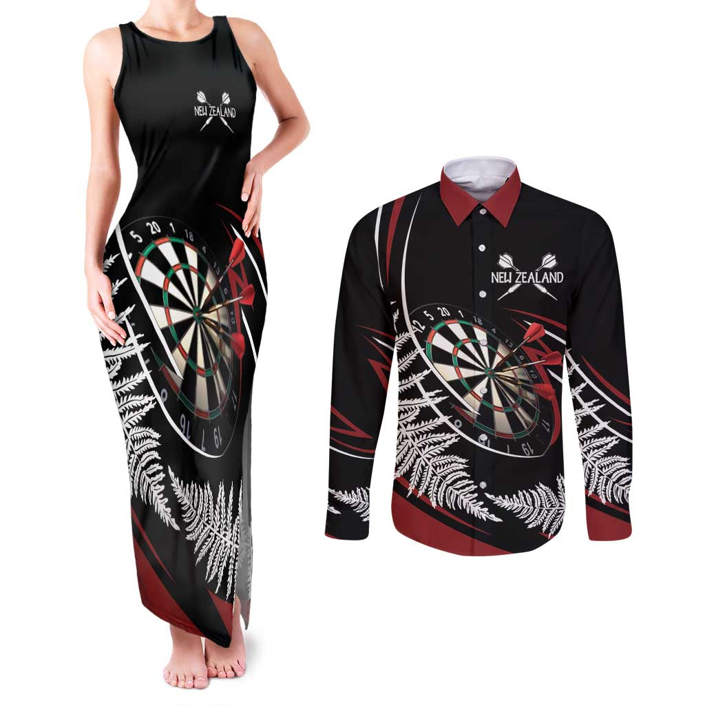 New Zealand Darts Personalised Couples Matching Tank Maxi Dress and Long Sleeve Button Shirt Silver Fern Dynamic